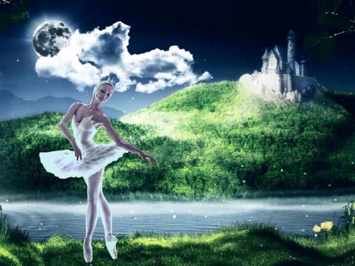 Hình ảnh nghệ sĩ múa ballet trình diễn trên nền ánh sáng 3D